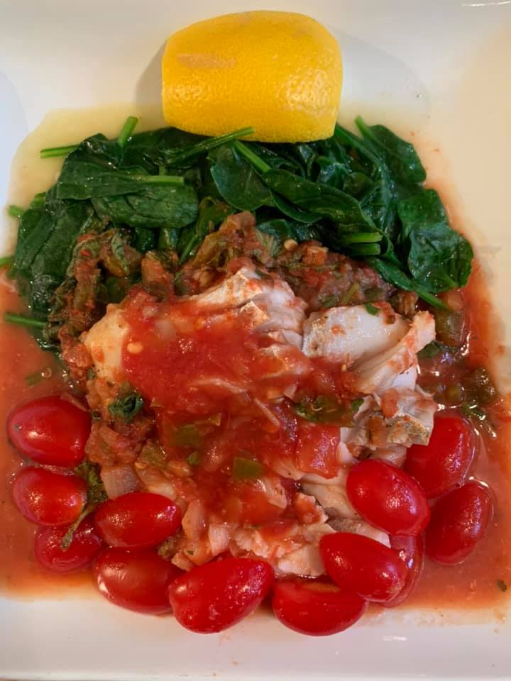 Fresh Cod with Nan’s “Stewed Tomatoes” over Spinach