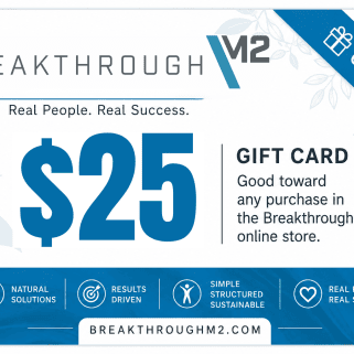 $25 Breakthrough M2 Gift Card with blue accents and wellness icons, redeemable toward eligible store purchases.