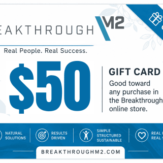 $50 Breakthrough M2 Gift Card with blue accents and wellness icons, redeemable toward eligible store purchases.