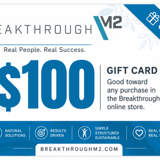$100 Breakthrough M2 Gift Card with blue accents and wellness icons, redeemable toward eligible store purchases.