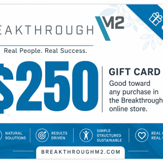 $250 Breakthrough M2 Gift Card with blue accents and wellness icons, redeemable toward eligible store purchases.